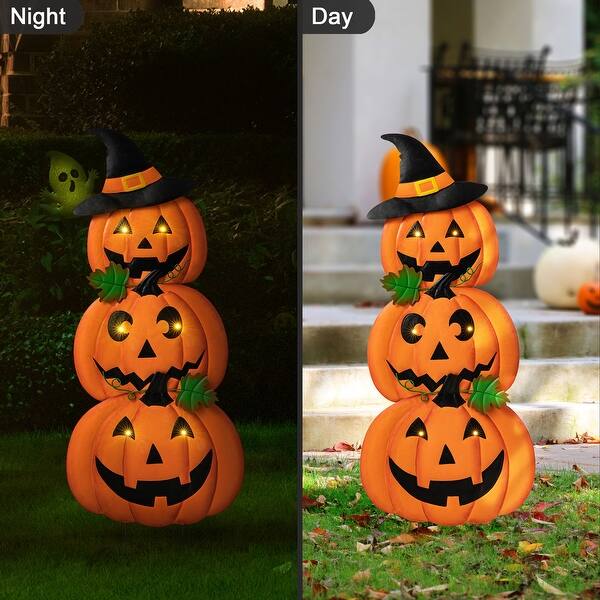 Glitzhome Set of 3 Lighted Metal Stacked Halloween JackOLantern Yard